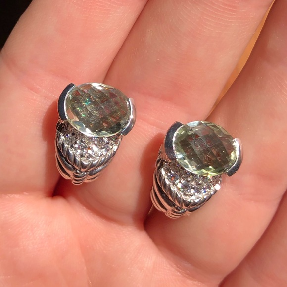 Judith Ripka 925 Sterling Silver Green Amethyst Leverback stud earrings - Picture 2 of 6